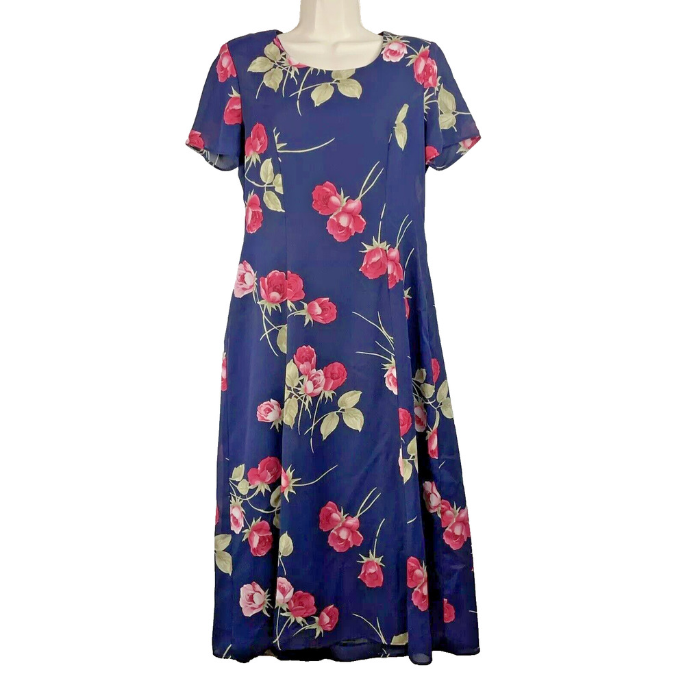 Vintage DJI Midi Dress 6 Blue Dark Floral Roses Moody Cottagecore Short Sleeve